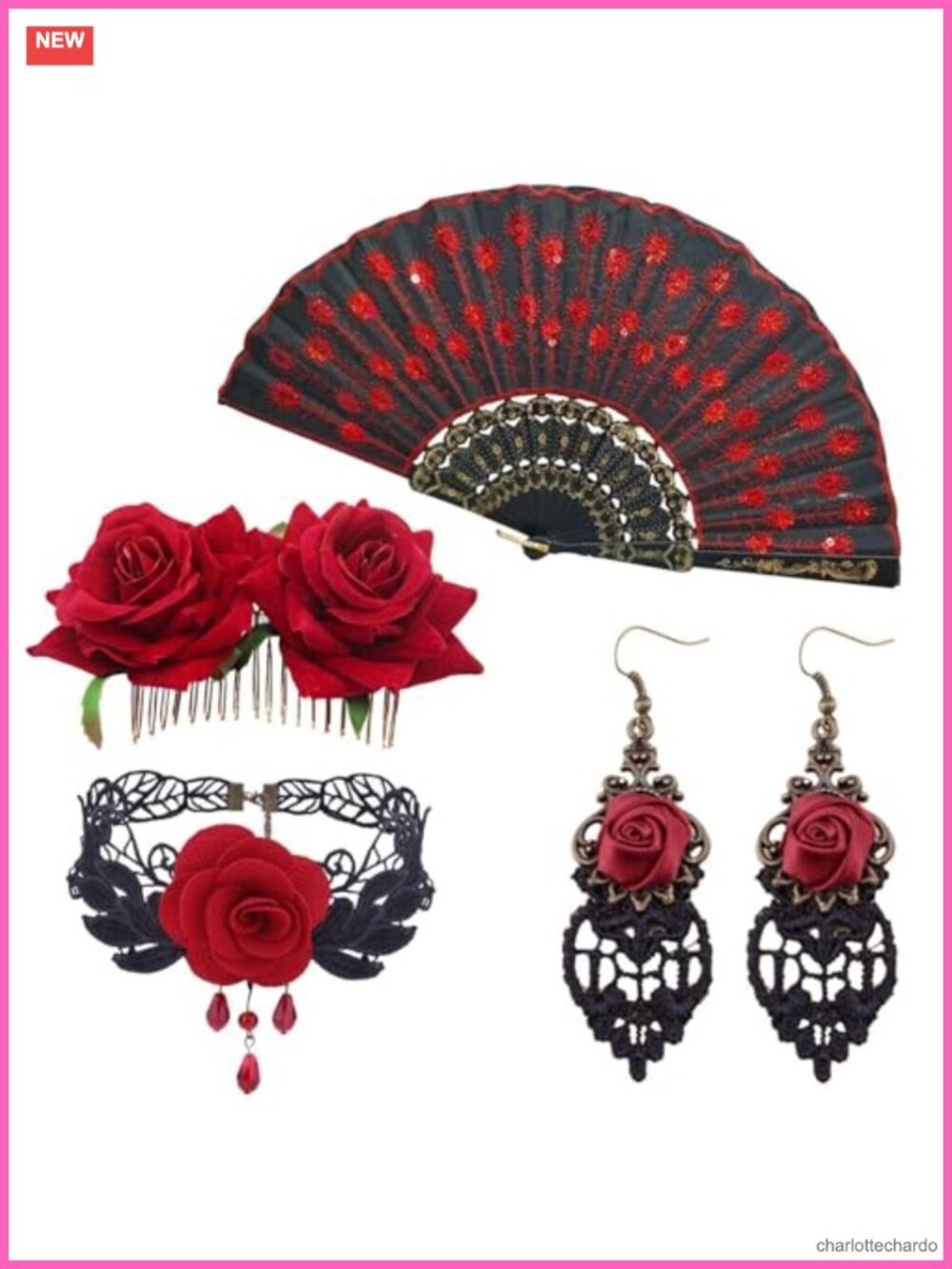 Flamenco Dancer Costume Accessory Set Rose Hair Clip Fan Choker Earrings
